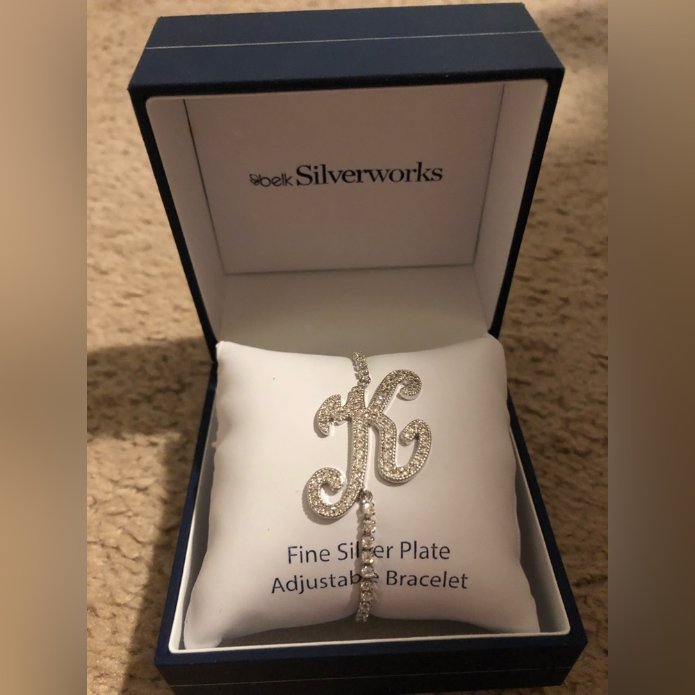 NWT Belk Silverworks K Bracelet. Never taken out of box. Fine silver plated.